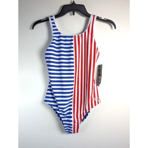 SPEEDO Swimsuit Kid Girls Size 12 One Piece Stripe Chlorine Resistant Summer NEW - Picture 1 of 8